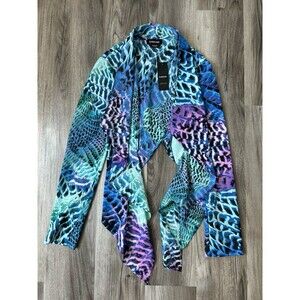 NWT Y2K Blue Animal Print Waterfall Cardigan Draped Open Front Jacket XXS Retro